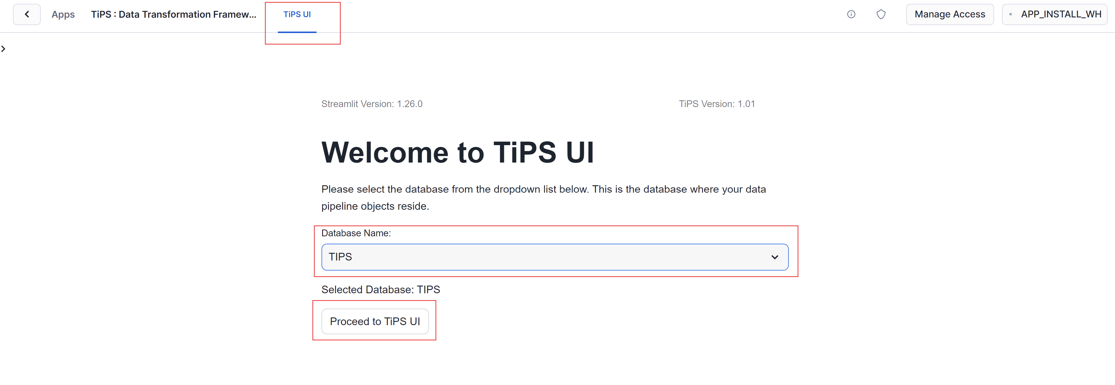 TiPS UI - Select Database